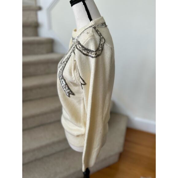 Vintage Cream Crewneck Silver Beaded Bow Sweater - Picture 6 of 8